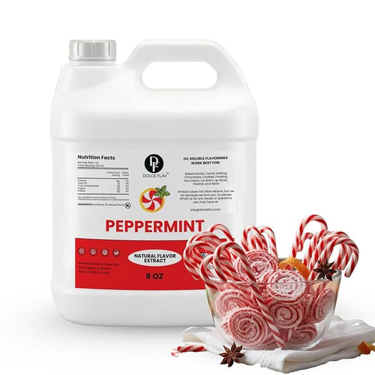 Dolce Flav Natural Peppermint Extract – 8 Ounce Oil-Soluble Kosher, Sugar-Free, Concentrated Pure Mint Flavor for Hard Candy, Chocolates & Baking, Includes Measured Dropper