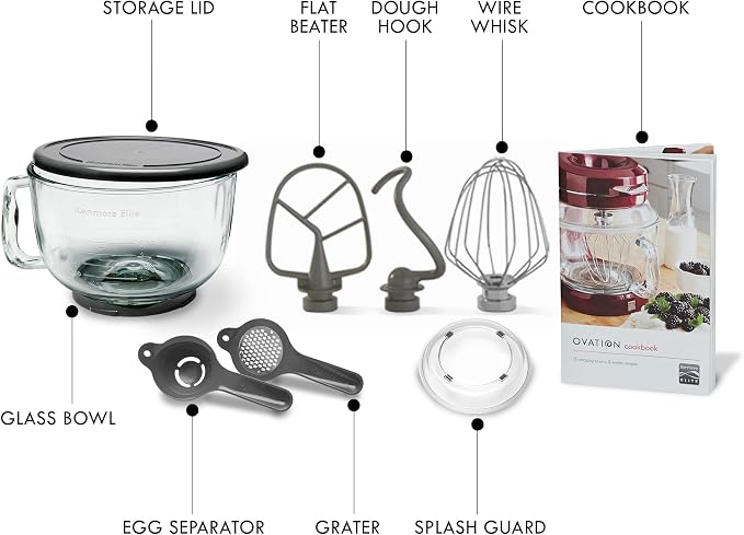 Kenmore Ovation 500W RedStand Mixer, 10‑Speed Tilt‑Head with 5QT Glass Bowl, Pour‑In Top, 360° Splash Guard, LED Light, Flat Beater, Dough Hook & Whisk for Powerful, Stable, Low‑Noise Mixing
