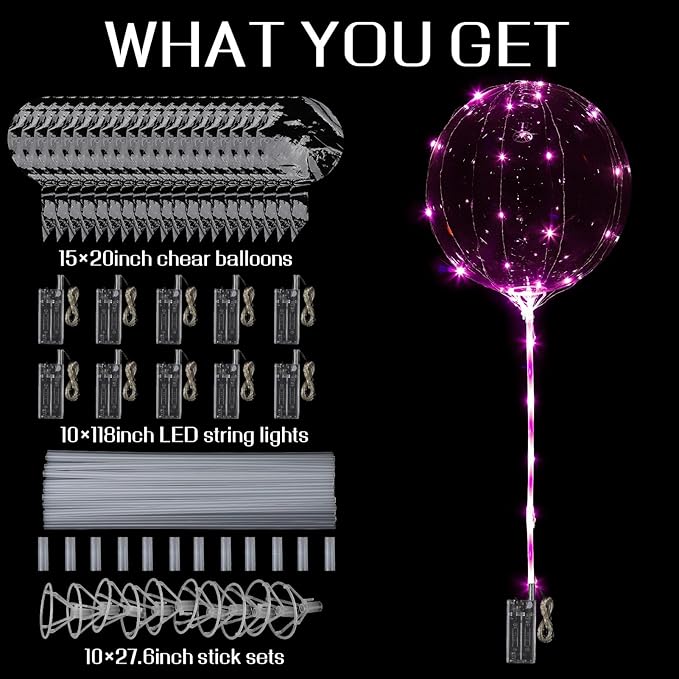 LED Balloons Light Up, 10 Pack LED Balloons with Sticks, 20 Inch Clear Bobo Balloon with Lights Helium Glow Bubble Lights for Party Supplies Valentines Decor (Pink)