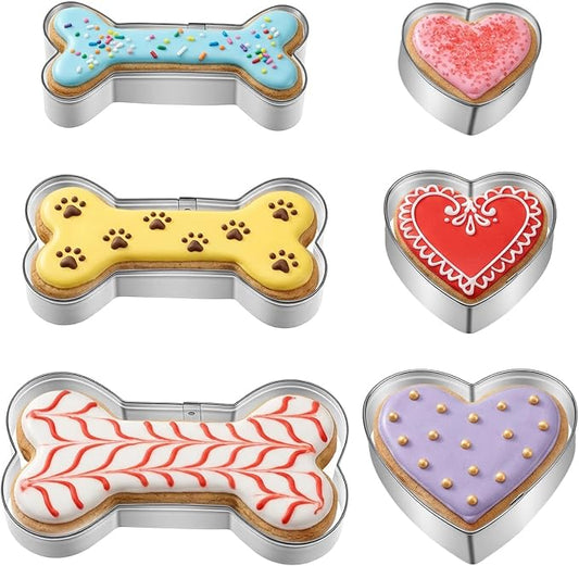 6 Pcs Dog Bone and Heart-Shaped Cookie Cutter 3 Sizes Stainless Steel Biscuit Mold Metal Dogs Treats Cookies Cutter Silver Puppy Cookie Cutters for Theme Party Treats and Homemade Baking