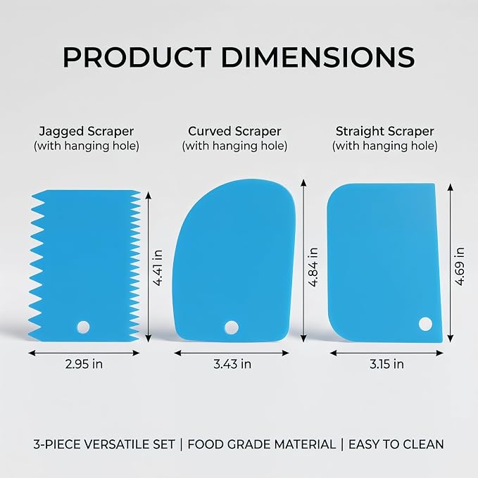 Cake Decorating Scraper Set, 6 Piece Plastic Icing Smoother Tools, Serrated and Flat Edge Dough Scrapers for Baking, Pastry, Bread, Pizza, 2.95-4.81 Inch (blue)
