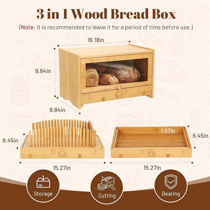 3 in 1 Bread Slicer with Bread Box and Bread Serving Tray, Bamboo Bread Slicer for Homemade Bread, Multifunctional Bread Storage Container for Slicer Storage and Bread Tray