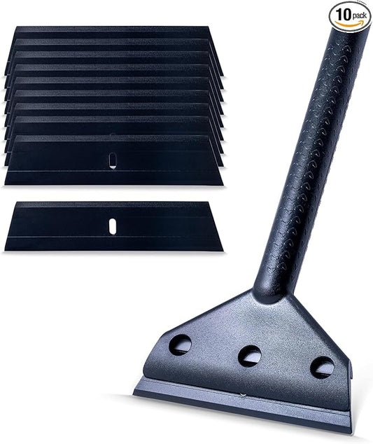 FOSHIO Long Handle Plastic Razor Blade Scraper - 10PCS Plastic Blades for Sticker, Label, Decal, Gasket, Residue Removal & Cleaning