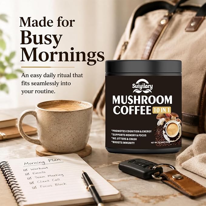 Suiyilary Mushroom Coffee, 10 Mushroom Extract Powder Blend Lion's Mane, Reishi, Chaga, Cordyceps, Turkey Tail, Brain Supplements with Instant Coffee for Energy, Focus, Memory and Immunity 300g