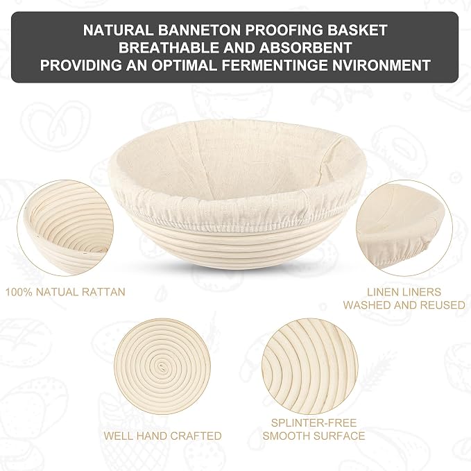 Sourdough Starter Kit, Baking Supplies Set with 2 Banneton Proofing Baskets, 24oz Sourdough Jar, Silicone Pastry Mat, Bread Sling and Essential Tools for Bread Making