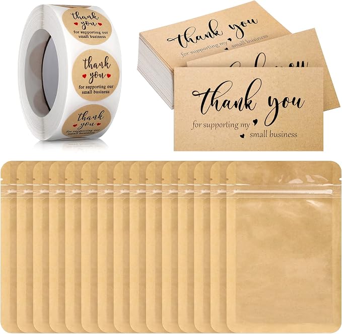 Outus 620 Pieces Thank You for Supporting My Small Business Cards and Stickers Set, Thank You Gold Foil Stickers with Resealable Packaging Bag for Business Owners Packaging Supplies (Kraft Paper)