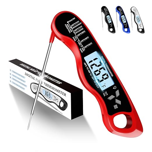 Meat Thermometer, IP67 Waterproof Digital Meat Thermometer with Backlight, Hold Function & Magnet for Grill, BBQ, Candy, Beef,Turkey