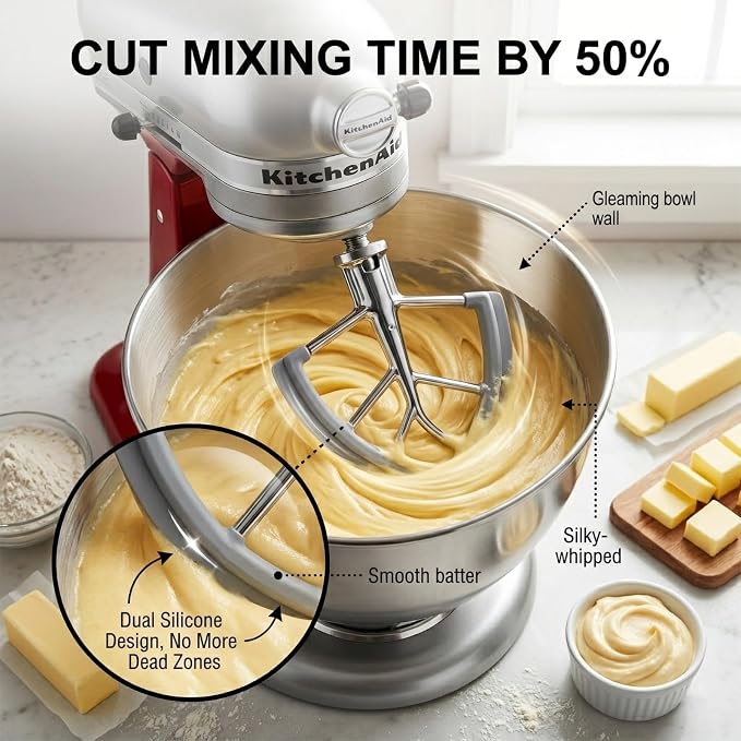 Stainless Steel Flex Edge Beater for KitchenAid Tilt-Head Stand Mixer 4.5-5 Qt, Upgraded Flat Beater Paddle with Dual Silicone Scraper Edges, Kitchen Aid Accessories and Attachments (Grey)