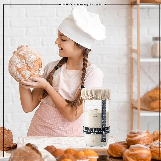 Upgraded Sourdough Starter Jar Kit –24 oz Glass Jar with Date Marked Feeding Band, Thermometer, Scraper, Cleaning Brush & Measuring Cups, Complete Bread Baking Supplies