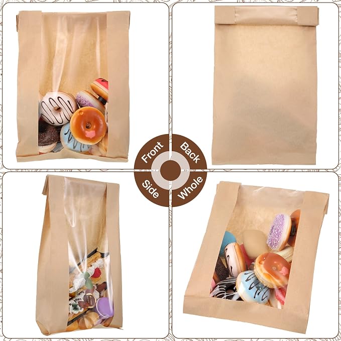 Thenshop 100 Pieces Paper Bread Bag with Window for Homemade Bread Bags Bags Brown Kraft Loaf Storage Sacks Long French Biscuits Packaging (6.5 x 2 x 18 Inch)