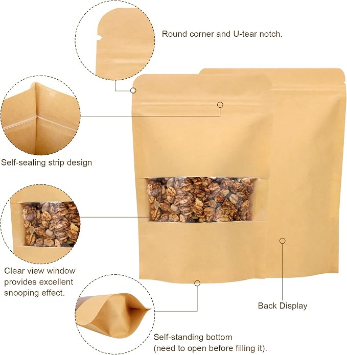 Blisstime 50 Pack Kraft Paper Stand Up Pouch Bags, Resealable Bag with Transparent Window and Tear Notch for Multipurpose Storage (5.5 X 7.9 Inches)