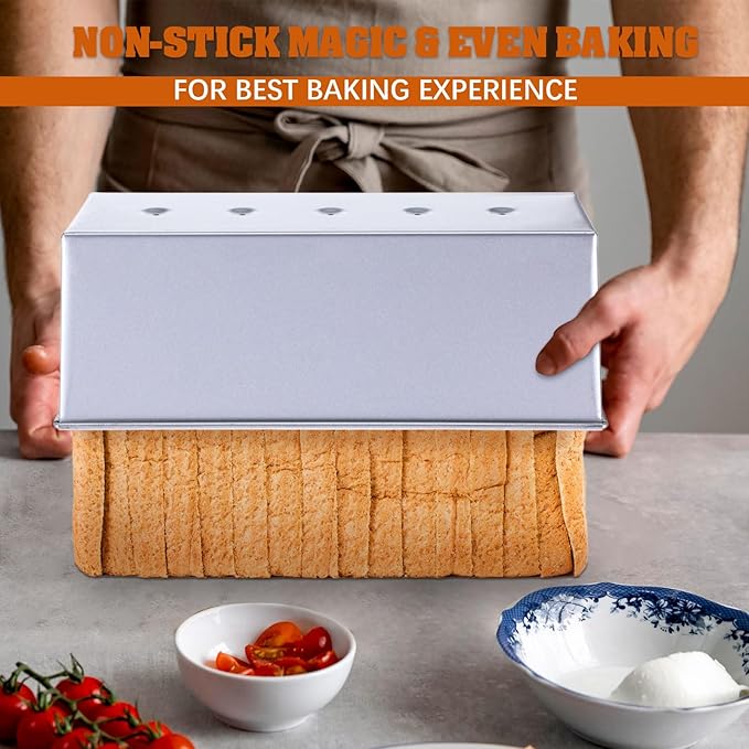 2 Pack Stainless Steel Pullman Loaf Pan with Lid, 13x4 Inch Large Capacity Pullman Loaf Pan With Lid, Non-Stick Pullman Bread Pan Bakeware Steel Bread Toast Box with Cover for Baking Bread Sandwich