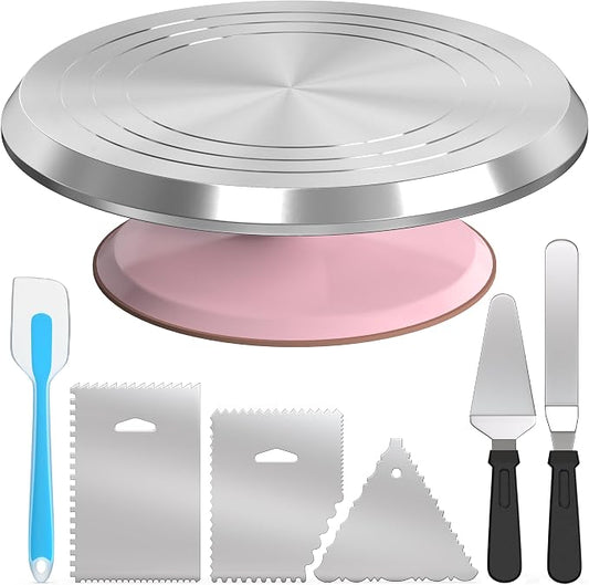 Riccle Rotating Cake Stand – 12" Aluminium Alloy Revolving Cake Turntable | Cake Decorating Kit with Offset Spatula, Icing Smoother Scrapers, Silicone Spatula & Cake Server | Cake Decorating Supplies Set