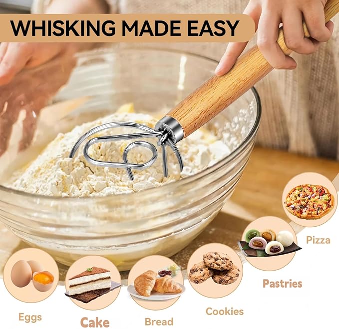 TEEVEA Danish Dough Whisk, Stainless Steel Wood Handle for Sourdough Bread | Dishwasher safe, non-stick, effortless mixing, dutch dough stirrer, for bread batter pastry, sourdough baking tool