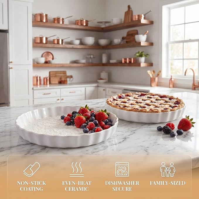 Quiche Baking Dish, Ceramic Quiche Pan, 10 inch Large Round Tart Pan Set of 2, Porcelain Pie Pan Oven Safe, Wave White Baking Dishes for Dessert, Cheesecake, Souffles, Dishwasher Safe, 43 Oz