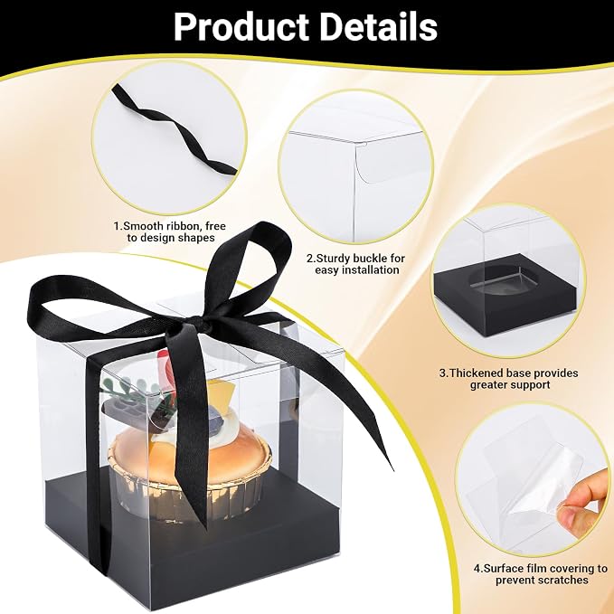 EUSOAR Transparent Cupcake Containers, 24pcs 3.5 Inch Plastic Black Cupcake Carrier Storage for Cake Dessert, Individual Cupcake Wrappers Cupcake Holder with Lids for Wedding Birthday Party Favor