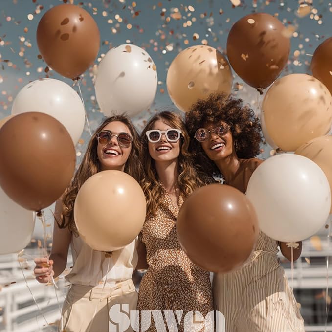 SUWEN Brown Balloons 60Pcs,12 inch Dark Light Brown and Sand White Latex Balloons for Boho Neutral Birthday Thanksgiving Teddy Bear Party Decorations