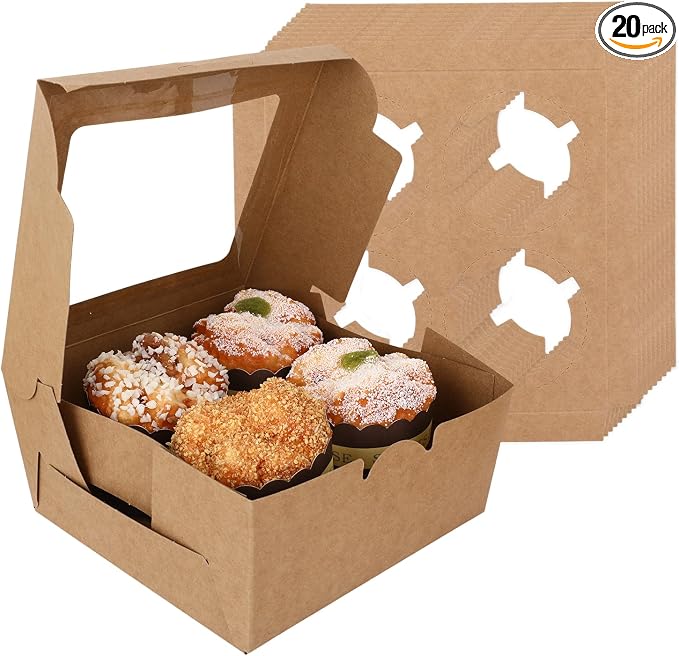 20 PCS Wood Color Paper Cupcake Boxes 4 Count and Clear Window for Valentine, Birthday, Wedding, Bakery Supplies and Party, Which Can Be Used as Bento Cake Box