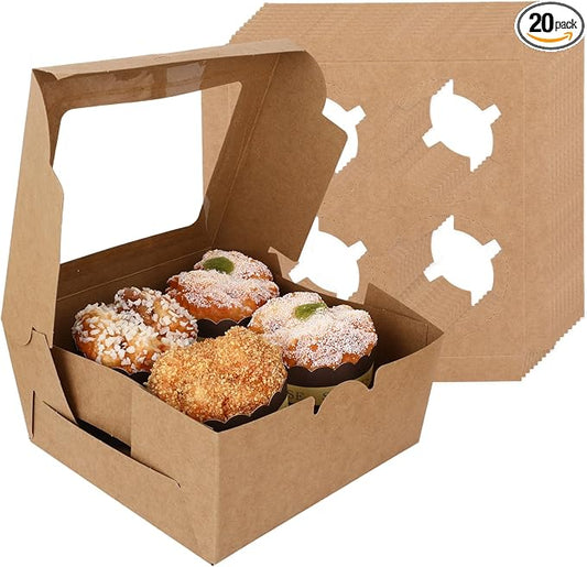 20 PCS Wood Color Paper Cupcake Boxes 4 Count and Clear Window for Valentine, Birthday, Wedding, Bakery Supplies and Party, Which Can Be Used as Bento Cake Box