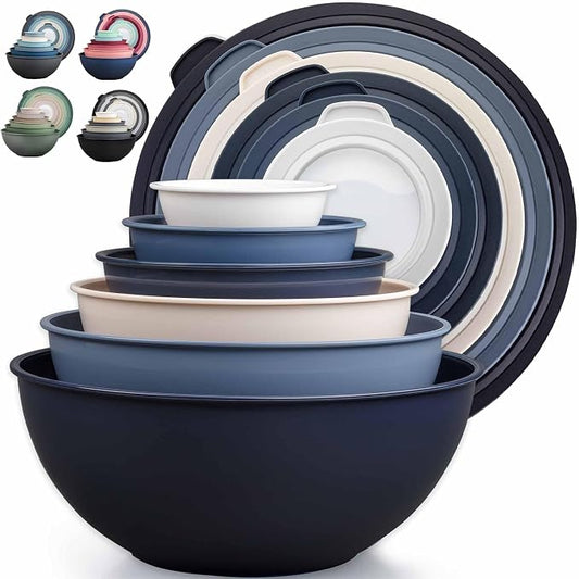 Zulay Kitchen 12 Piece Plastic Mixing Bowls with Leak-Proof Lids Set - Microwave and Freezer Safe Kitchen Mixing Bowls for Preparing, Serving and Storing - Large Nesting Bowls (Navy Ombre)