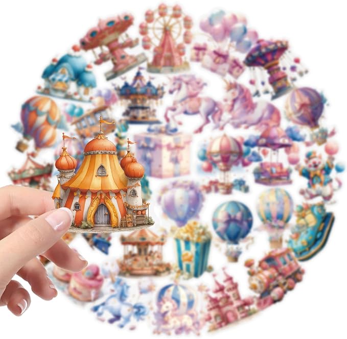 50 pcs Watercolor Carnival Fairytale Amusement Park Clear PET Stickers, Hot Air Balloon Carousel Unicorn Castle Transparent Die-Cut Decals for Journal Scrapbook Planner Kids Party DIY Craft Decor