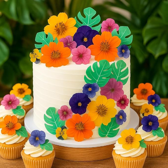 60 PCS Real Edible Flower Tropical Cupcakes Cake Decoration, Hibiscus Flowers Turtle Back Leaves Cartoon Birthday Cake Toppers -Hawaiian Series Theme Wedding, Party, Cocktails