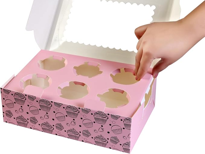 Cupcake Boxes with Insert trays (Pack of 20), Pink Cupcake Carrier, Food Grade Bakery Boxes with Windows and Inserts to Fit 6 Cupcakes Muffins or Pastries