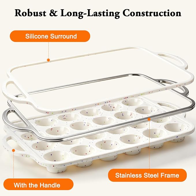 2 Pack Silicone Muffin Pans with Metal Reinforced Frame Regular 24 Cups Cupcake Pan with Handle Nonstick BPA Free Muffin Molds for Baking Muffins, Cupcakes, Egg Bites, Oven Dishwasher Safe