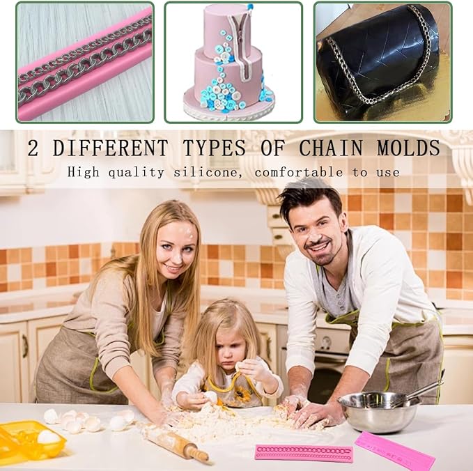 KuuGuu 2 PACK Zipper Chain Silicone Mold Realistic Chain Cake Fondant Mold Purse Bag Cake Decorating Mould for DIY Cake Border Decoration, Cupcake Topper, Jewelry, Polymer Clay, Crafting Projects