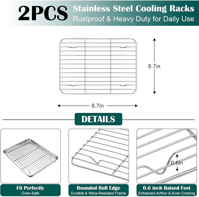 E-far Small Baking Sheet with Wire Rack (2 Pans + 2 Racks), Stainless Steel Cookie Sheets Trays & Cooling Rack for Toaster Oven, Non Toxic & Warp Resistant, Oven & Dishwasher Safe, 9.4 x 7.3 x 1 Inch