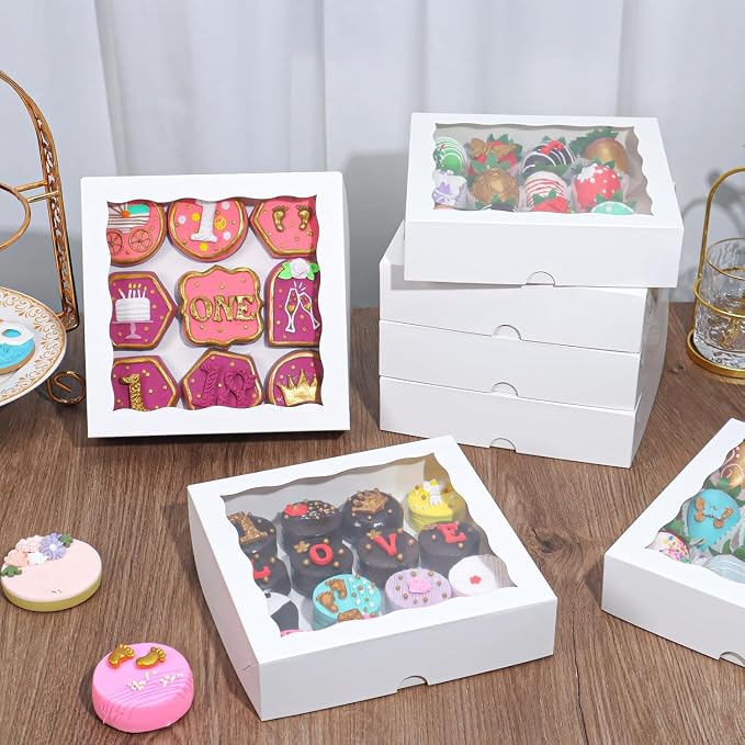 RomanticBaking 15pcs 8x8x2 Inches Bakery Boxes with Window Cookies Boxes Chocolate Covered Strawberries Box Bakery Treat Box Packaging for Cakesickle Pie Chocolate Truffle Easter