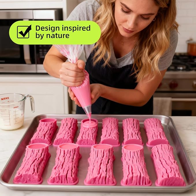 Tree Bark Cake Fondant Mold Tree Stump Fondant Impression Texture Mat Wedding Lumberjack Cake Border Decorating Tool Chocolate Gumpaste Pastry Cake Lace Mold Silicone Mat (Pink)