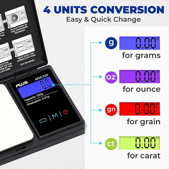 American Weigh Scales 220g x 0.01g Digital Pocket Weight Scale | Precision Digital Scale LCD Screen Accurately Measures Jewelry Gemstone Coins, Small Pocket Food Scale, Electronic Medicine Lab Scale
