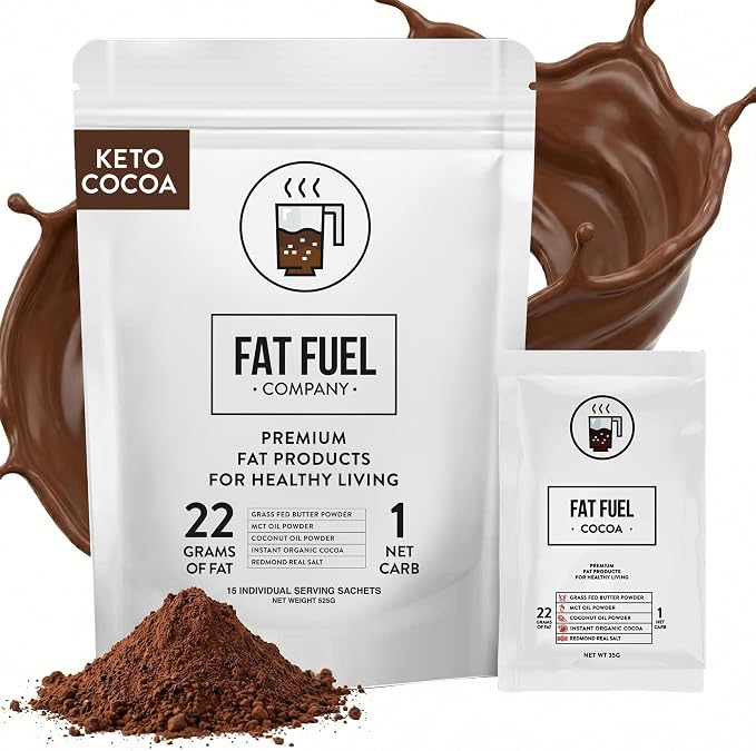 Fat Fuel Instant Keto Cocoa – a Complete Keto-Friendly Meal Replacement with MCT Oil, Coconut Oil, and Grass Fed Butter – Low Carb Hot Chocolate, Organic (15 Packets)