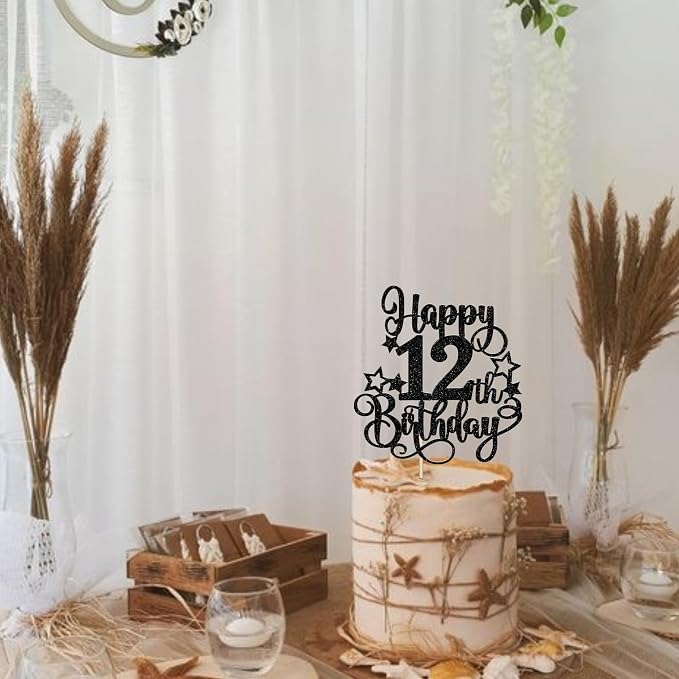 1 PCS Happy 12th Birthday Cake Topper Glitter Cheers to 12 Years Birthday Cake Pick Hello 12 Fabulous Cake Decoration for Happy 12th Birthday Anniversary Party Decorations Supplies Black