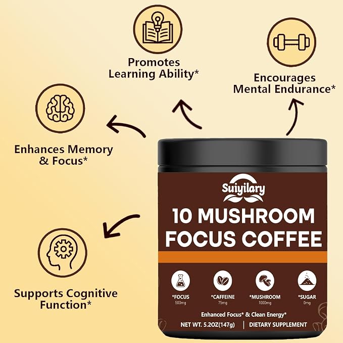Suiyilary Mushroom Coffee with Focus, 10 Mushroom Extract Powder Blend Lion's Mane, Brain Supplements with Instant Coffee for Energy, Focus, Memory and Immunity 147g 21 Serving