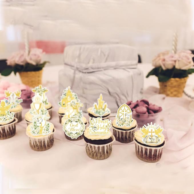 60 PCS Edible God Bless Cupcake Toppers Dove Cross Baptism Cupcake Picks Edible Church Floral First Communion Cake Decorations for Gold Bless Baptism Theme Baby Shower Birthday Party Supplies Gold