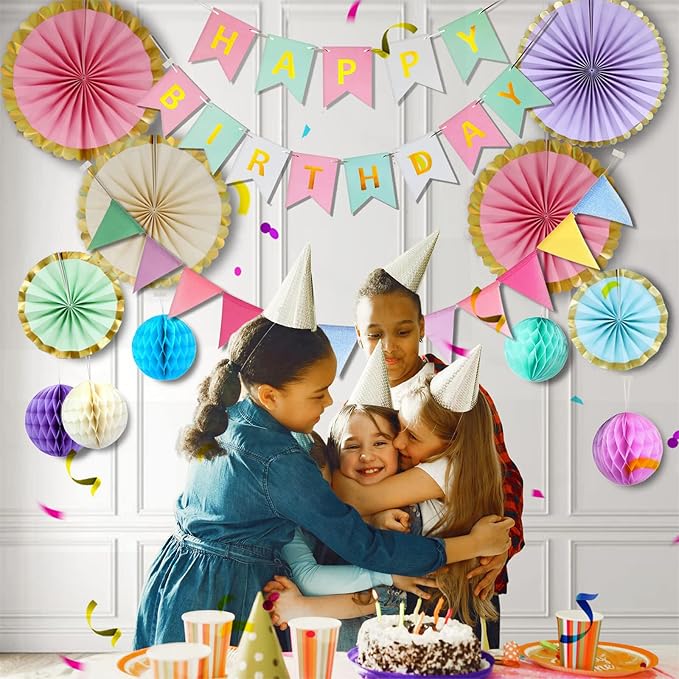 Pastel Birthday Party Decoration, Macaron Happy Birthday Party Decoration for Girls Women with Happy Birthday Banner Bunting Hanging Paper Fans, Girl Woman Pastel Birthday Honeycomb Decoration