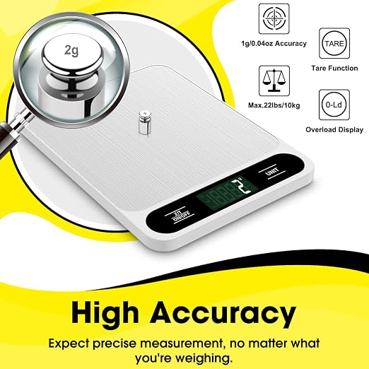 Mik-Nana Food Scale White, 22lb/10kg Digital Kitchen Scale Grams and oz for Baking Cooking and Weight Loss, 1g/0.04oz Precise Graduation, Easy Clean Stainless Steel