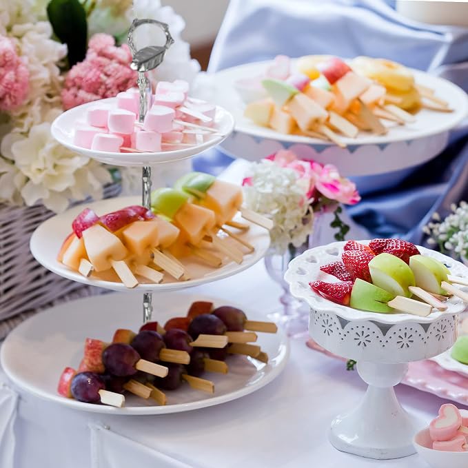 3 Tier 14" Heavy Metal Cake Stand Holder Fruit Plate Stand Fitting Hardware Rod with Stylus (Sliver_Leaves)