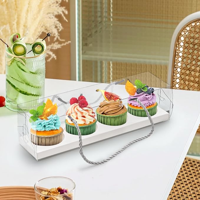 Coloch 24 Pack Clear Cupcake Box with Handle, 12 x 3 x 3 In 4 Count Plastic Cupcake Container with 4 Count Baked Dessert Box, for Cupcake, Dessert, Muffins, Party, Mother's Day, Wedding