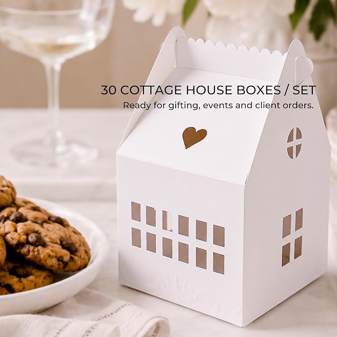 30 Pcs Cottage House Cookie Boxes with Window & Business Card Holder, White, 4 x 4 x 6 in Bakery Gift Boxes for Treats, Desserts, Party Favors & Realtor Pop By Gifts