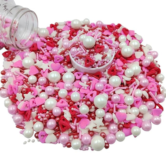 Edible Heart Sprinkles Red White and Pink Sprinkles Mix with Pearl Decorations Hearts Cake Decorations Cupcake Toppers Baking Cookie Decorating Ice Cream Toppings Celebration Valentines Decoration