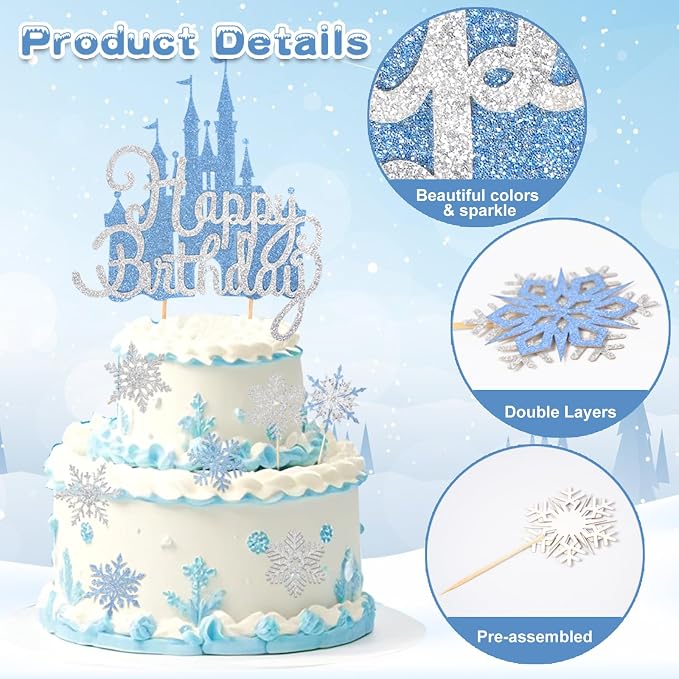2Pcs Blue Castle Cake Toppers Princess Cake Decorations Princess Theme Birthday Castle Party Picks for Winter Wonderland Party Supplies Frozen Theme Party Decor