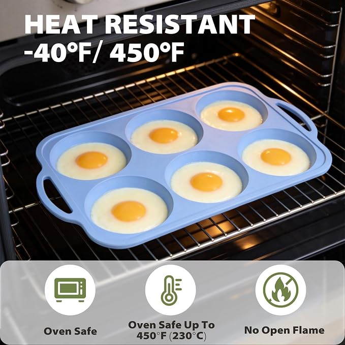 Nonstick Silicone Muffin Top Pan: 2 Pcs 6-Cavity 4 Inch Jumbo Silicone Egg Mold with Metal Frame for Baking Breakfast Sandwich Hamburger Buns Whoopie Pie Egg Bites - Easy Clean Oven Safe - Light Blue