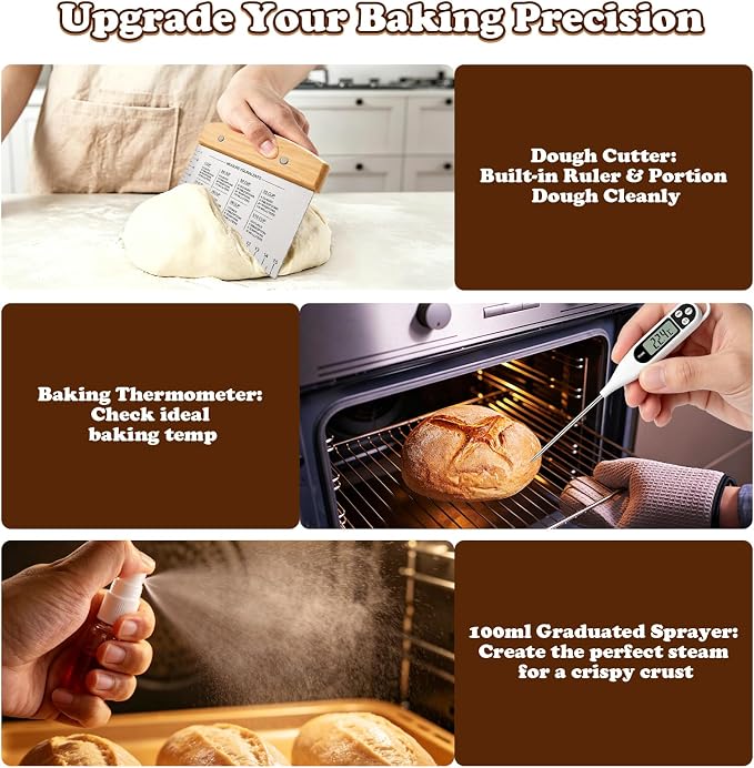 Sourdough Starter Kit, 13 PCS Bread Making Kit with 24 oz Sourdough Starter Jar, 9” Banneton Proofing Basket, Dough Whisk, Bread Lame, Thermometer, Bread Knife for Beginners and Home Bakers