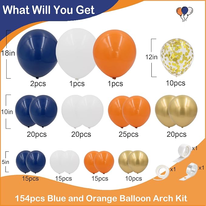 Blue and Orange Balloon Arch Kit 154pcs Orange Navy Blue White Gold and Confetti Balloons for Wedding Baby Shower Cartoon Theme Birthday Party Decorations