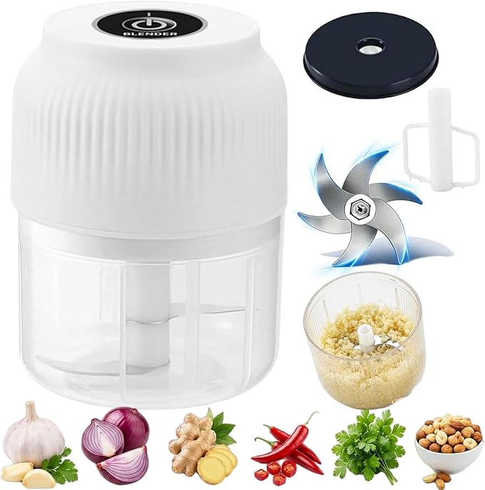 Household Electric Garlic Crusher, 6 blades, 2026 New Mini Garlic Mincer Electric with Lid, 350ml Portable Garlic Chopper for Garlic, Onion, Ginger, Chili and Fruit (White)