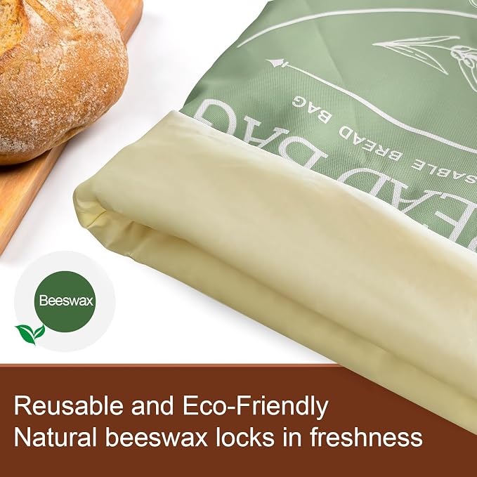 2 Pack Bread Bags for Homemade Loaf (17" x 13") - XL Reusable Sourdough Keeper to Keep Fresh, Pure Cotton Beeswax Lining, Food Storage Bag with Instructions on Gift Box (Khai& Green)