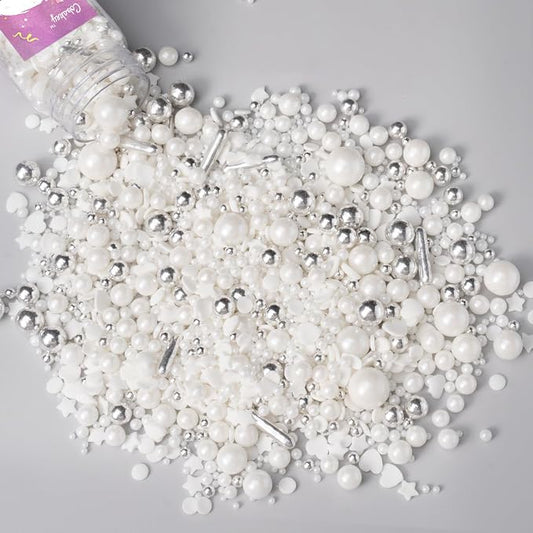 White Wedding Sprinkles for Cake Decorating 4.23ounce - Sugar Mix Contains White & Silver Pearl Sprinkles for Cupcake Toppers, Ice Cream, Candy, Cookie Decorations - Wedding Party Supplies